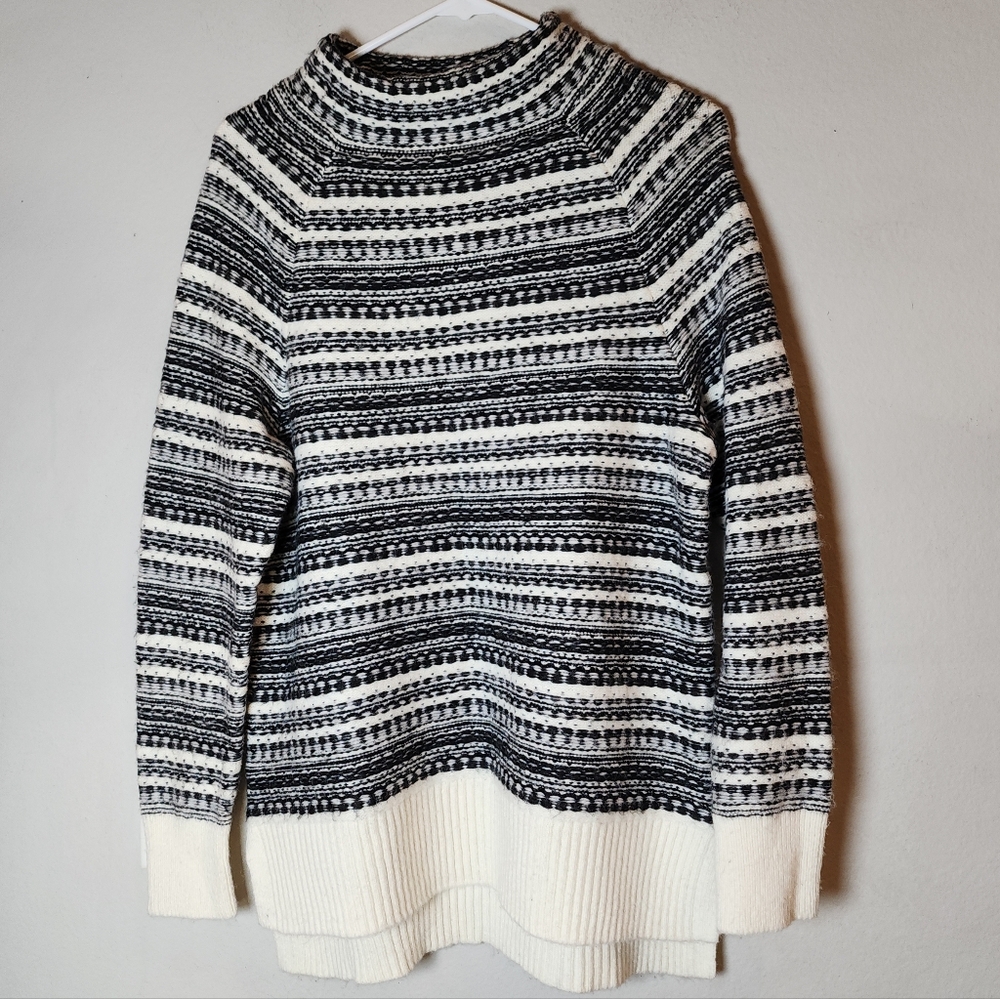 Talbots Wool-blend Fair Isle‎ Knit Sweater Mockneck Black Off White Large New